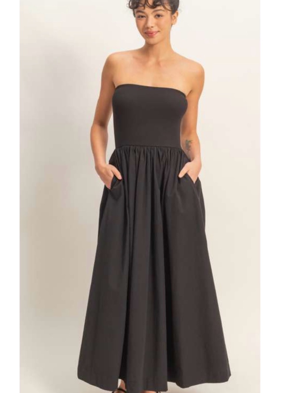 Strapless Black Maxi Dress with Gathered Skirt